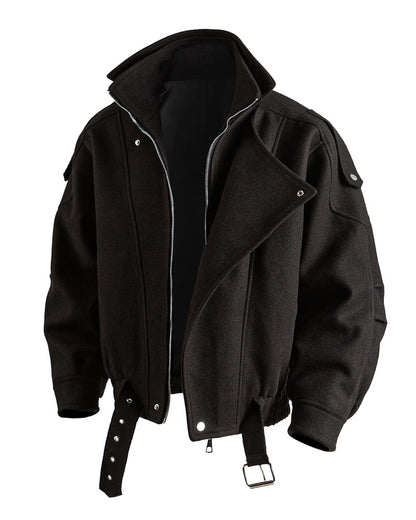 American Retro Wool Lapel Motorcycle Jacket - Cropped Unisex Autumn Winter Coat