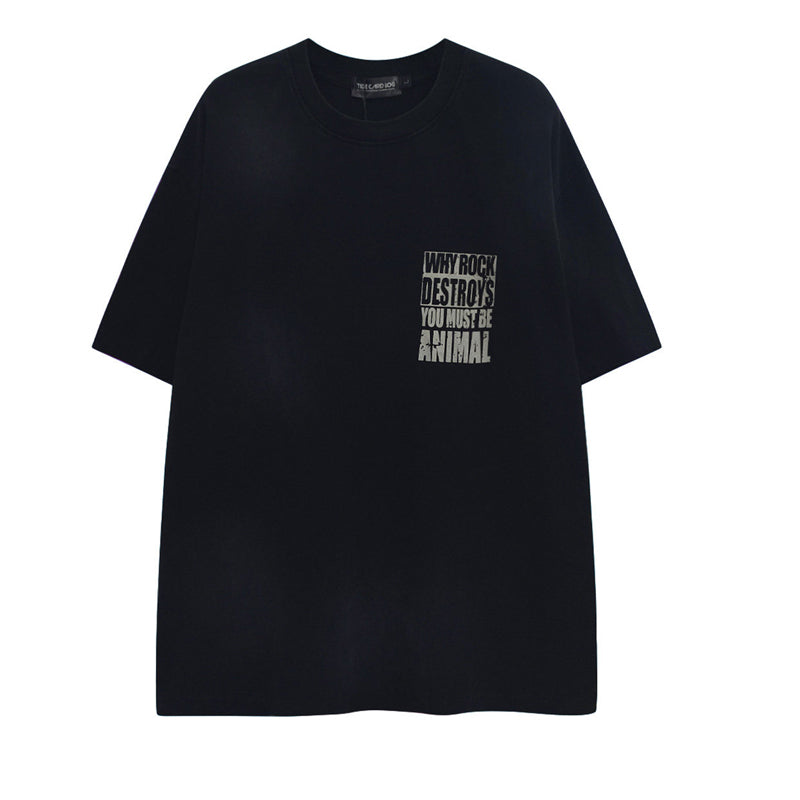 American Vintage Mottled Letter Print Heavyweight T-Shirt - 245G Washed Distressed Pure Cotton Short Sleeve Tee for Men