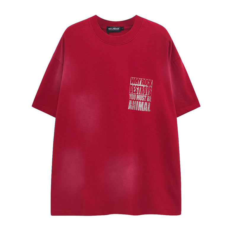 American Vintage Mottled Letter Print Heavyweight T-Shirt - 245G Washed Distressed Pure Cotton Short Sleeve Tee for Men