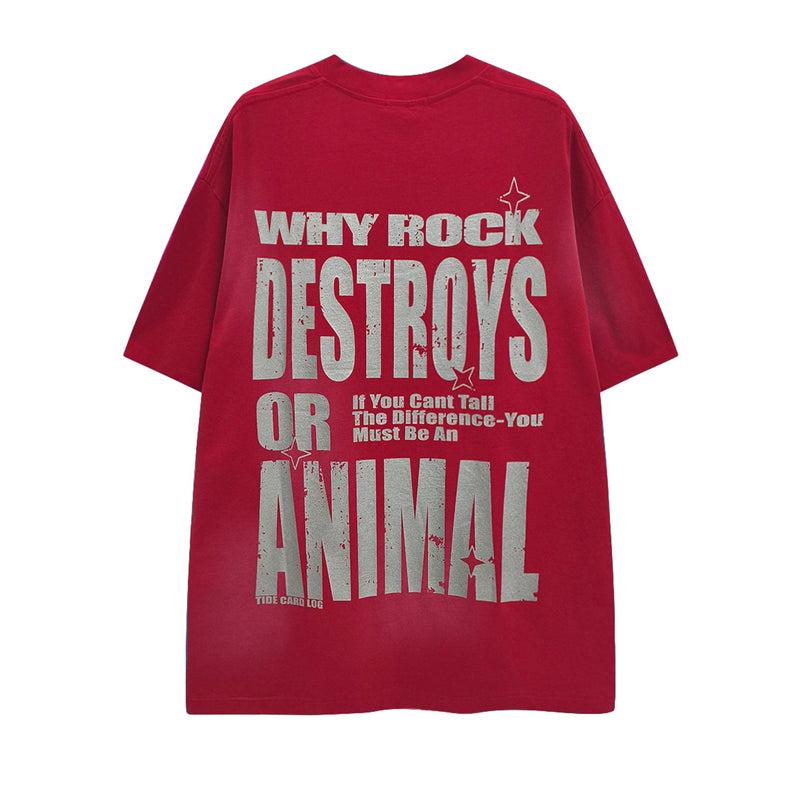 American Vintage Mottled Letter Print Heavyweight T-Shirt - 245G Washed Distressed Pure Cotton Short Sleeve Tee for Men