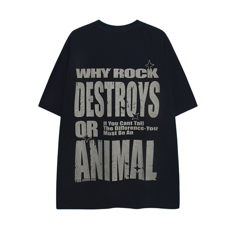 American Vintage Mottled Letter Print Heavyweight T-Shirt - 245G Washed Distressed Pure Cotton Short Sleeve Tee for Men
