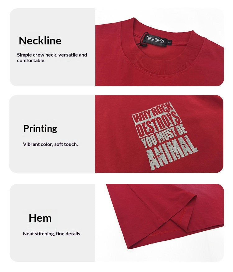 American Vintage Mottled Letter Print Heavyweight T-Shirt - 245G Washed Distressed Pure Cotton Short Sleeve Tee for Men