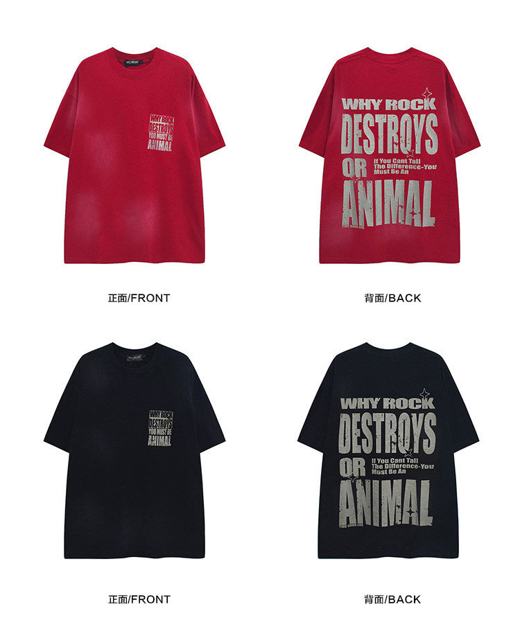 American Vintage Mottled Letter Print Heavyweight T-Shirt - 245G Washed Distressed Pure Cotton Short Sleeve Tee for Men