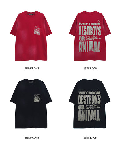 American Vintage Mottled Letter Print Heavyweight T-Shirt - 245G Washed Distressed Pure Cotton Short Sleeve Tee for Men