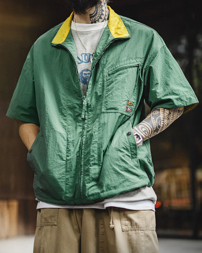 American Vintage Mountain Embroidered Stand Collar Shirt - Lightweight Multi-Pocket Short Sleeve Outdoor Shirt for Men