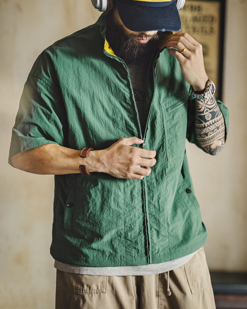 American Vintage Mountain Embroidered Stand Collar Shirt - Lightweight Multi-Pocket Short Sleeve Outdoor Shirt for Men