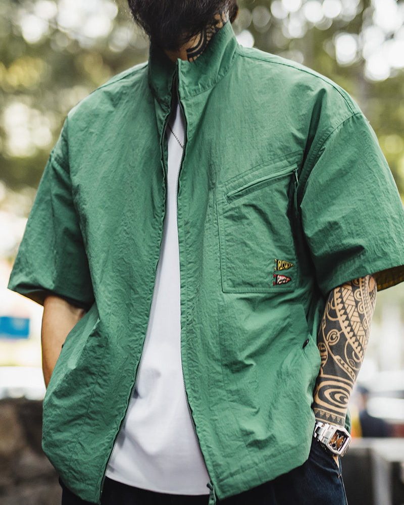 American Vintage Mountain Embroidered Stand Collar Shirt - Lightweight Multi-Pocket Short Sleeve Outdoor Shirt for Men