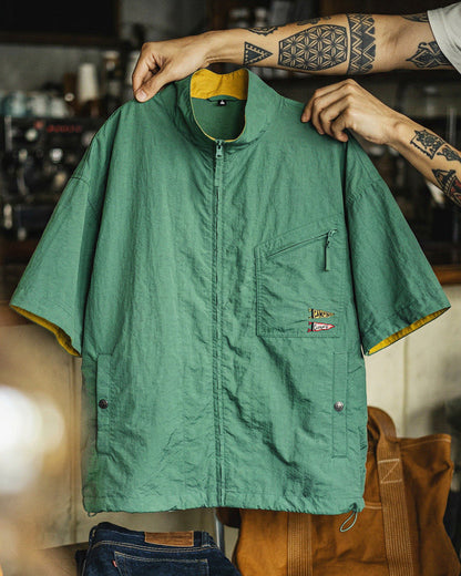 American Vintage Mountain Embroidered Stand Collar Shirt - Lightweight Multi-Pocket Short Sleeve Outdoor Shirt for Men