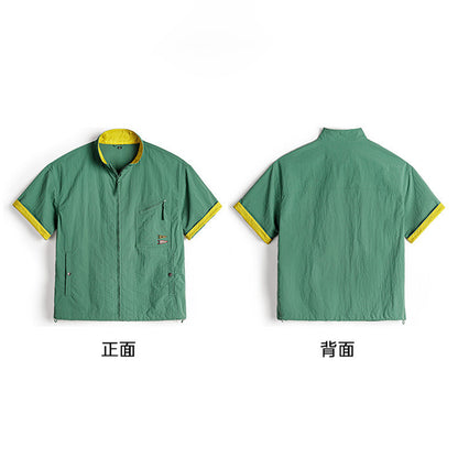 American Vintage Mountain Embroidered Stand Collar Shirt - Lightweight Multi-Pocket Short Sleeve Outdoor Shirt for Men