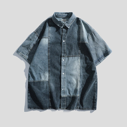 Vintage Color-Block Denim Shirt Jacket – Short Sleeve Loose Casual Streetwear | Japanese vintage | yamalin clothes | Yamalinclothes