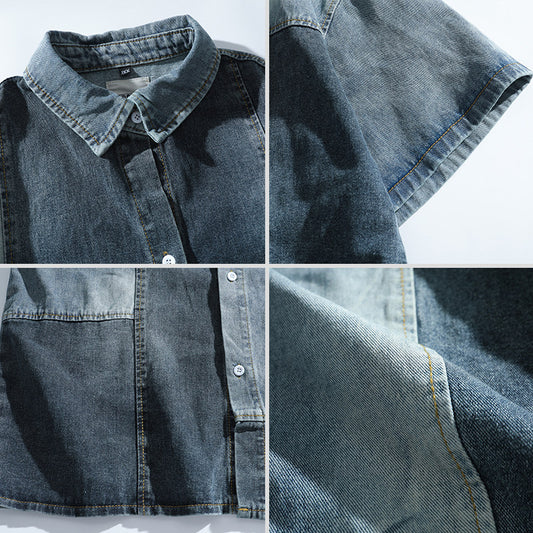 Vintage Color-Block Denim Shirt Jacket – Short Sleeve Loose Casual Streetwear | Japanese vintage | yamalin clothes | Yamalinclothes