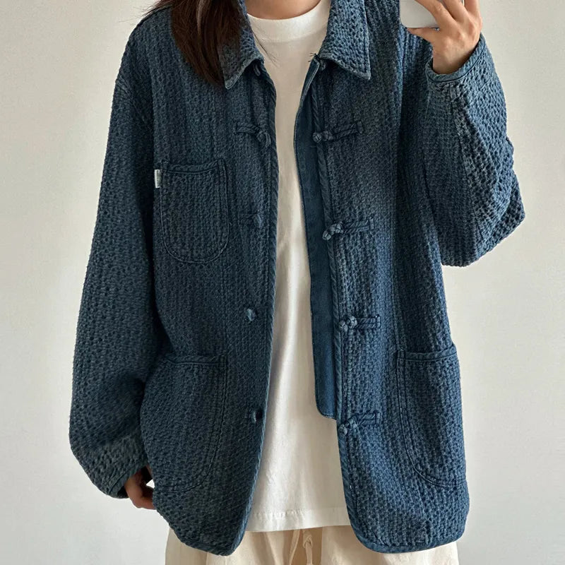Ami Ka Chi Autumn vintage multi-pocket disc buckle cargo coat autumn loose lapel wash jacket tide