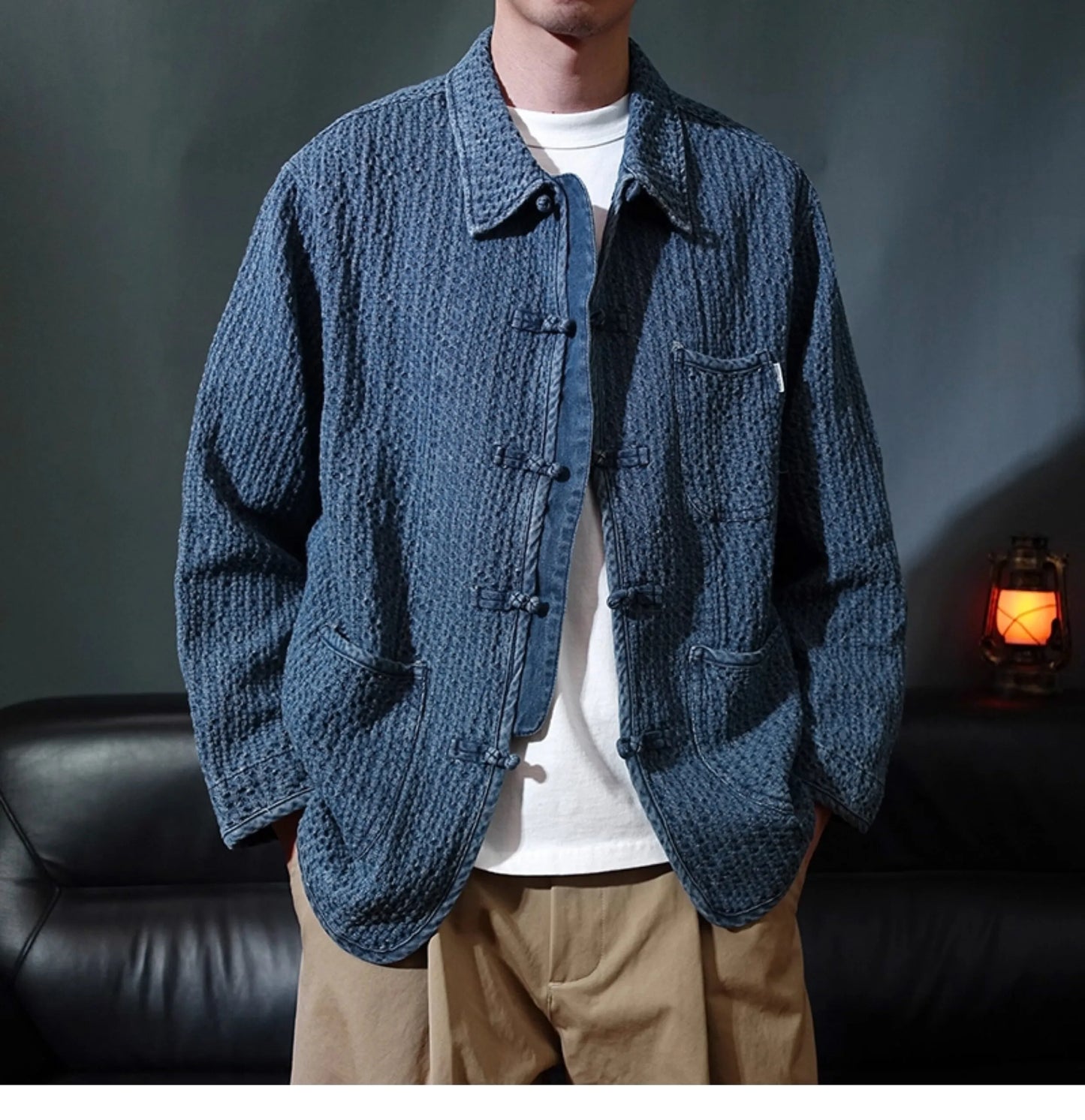 Ami Ka Chi Autumn vintage multi-pocket disc buckle cargo coat autumn loose lapel wash jacket tide