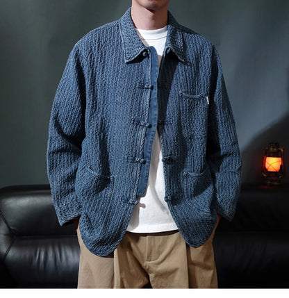 Ami Ka Chi Autumn vintage multi-pocket disc buckle cargo coat autumn loose lapel wash jacket tide