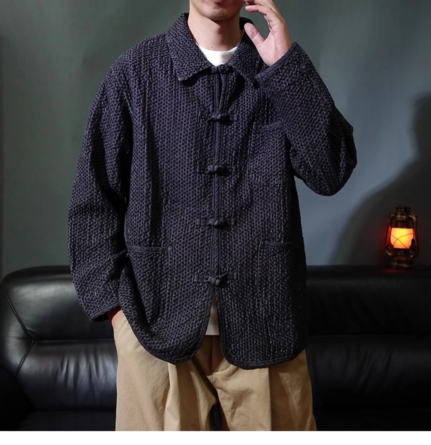 Ami Ka Chi Autumn vintage multi-pocket disc buckle cargo coat autumn loose lapel wash jacket tide