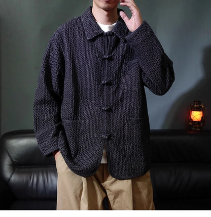 Ami Ka Chi Autumn vintage multi-pocket disc buckle cargo coat autumn loose lapel wash jacket tide