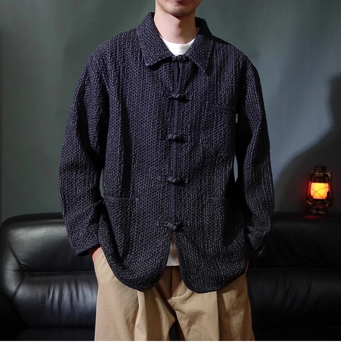 Ami Ka Chi Autumn vintage multi-pocket disc buckle cargo coat autumn loose lapel wash jacket tide