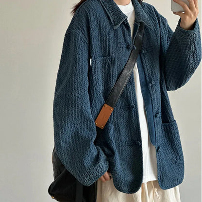 Ami Ka Chi Autumn vintage multi-pocket disc buckle cargo coat autumn loose lapel wash jacket tide