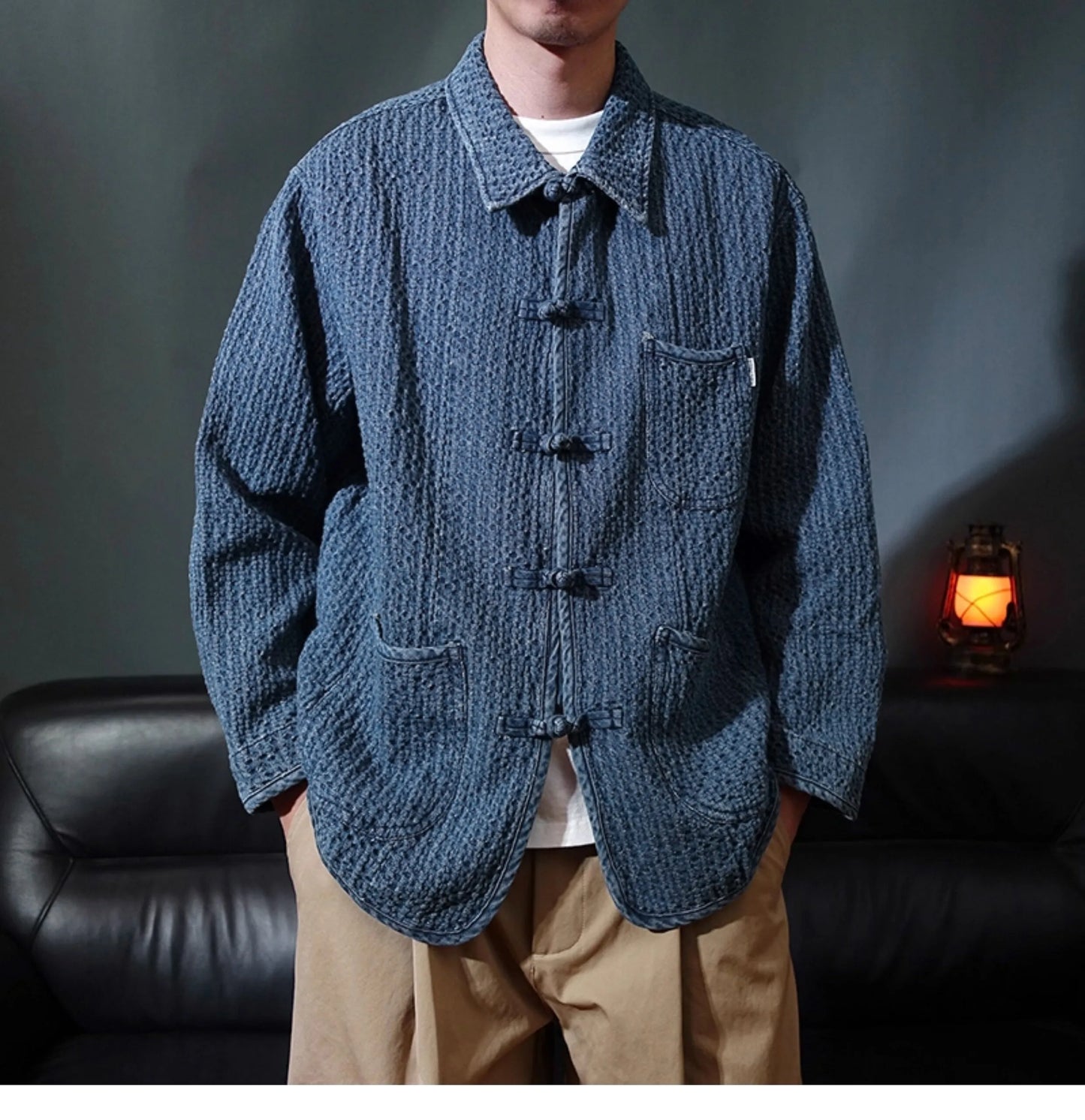 Ami Ka Chi Autumn vintage multi-pocket disc buckle cargo coat autumn loose lapel wash jacket tide