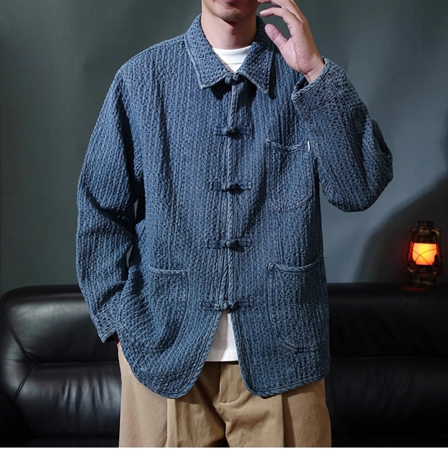 Ami Ka Chi Autumn vintage multi-pocket disc buckle cargo coat autumn loose lapel wash jacket tide