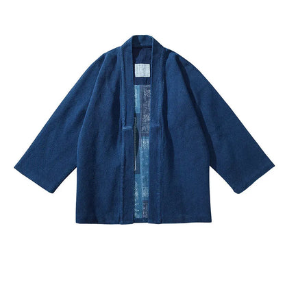 Indigo Blue Dyed Heavy Fabric Kimono Jacket – Japanese Retro Workwear Robe Coat – Japanese vintage | yamalin clothes | Yamalinclothes
