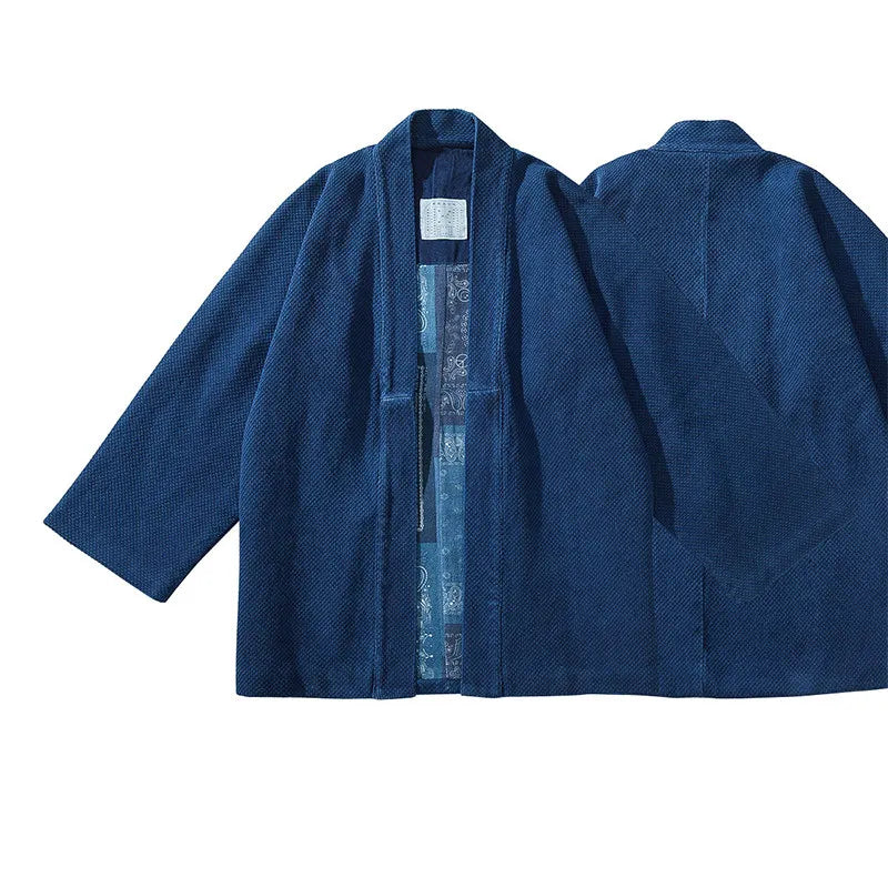Indigo Blue Dyed Heavy Fabric Kimono Jacket – Japanese Retro Workwear Robe Coat – Japanese vintage | yamalin clothes | Yamalinclothes