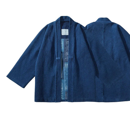 Indigo Blue Dyed Heavy Fabric Kimono Jacket – Japanese Retro Workwear Robe Coat – Japanese vintage | yamalin clothes | Yamalinclothes