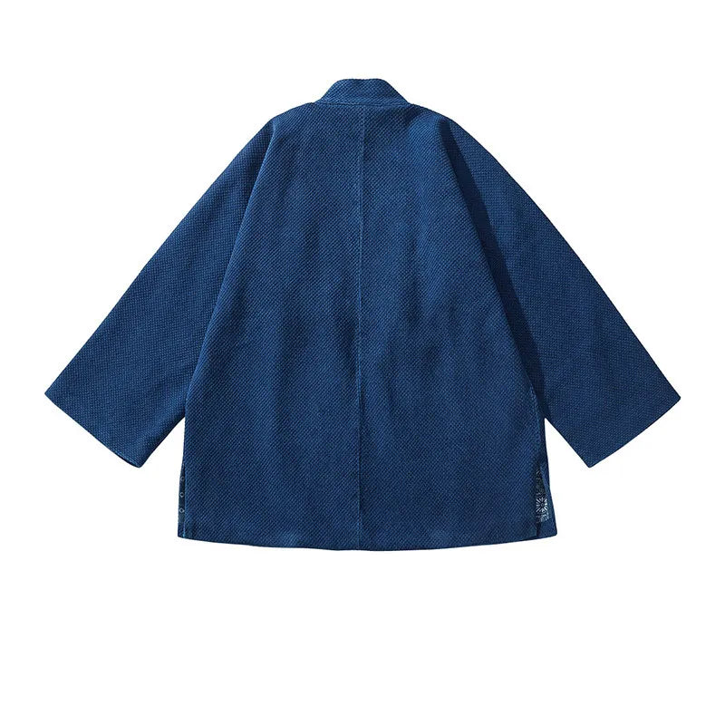 Indigo Blue Dyed Heavy Fabric Kimono Jacket – Japanese Retro Workwear Robe Coat – Japanese vintage | yamalin clothes | Yamalinclothes