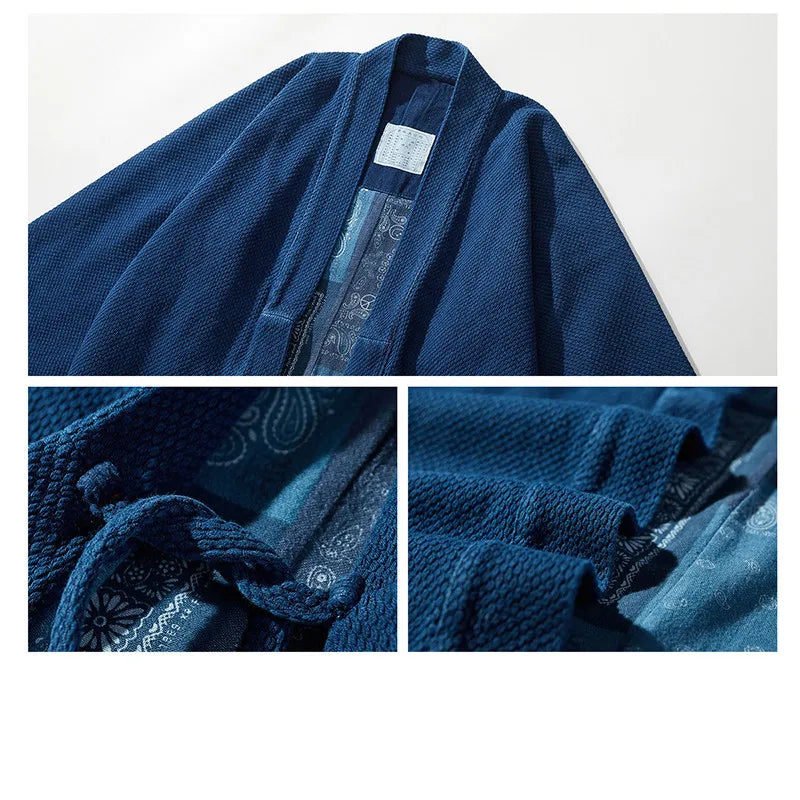 Indigo Blue Dyed Heavy Fabric Kimono Jacket – Japanese Retro Workwear Robe Coat – Japanese vintage | yamalin clothes | Yamalinclothes