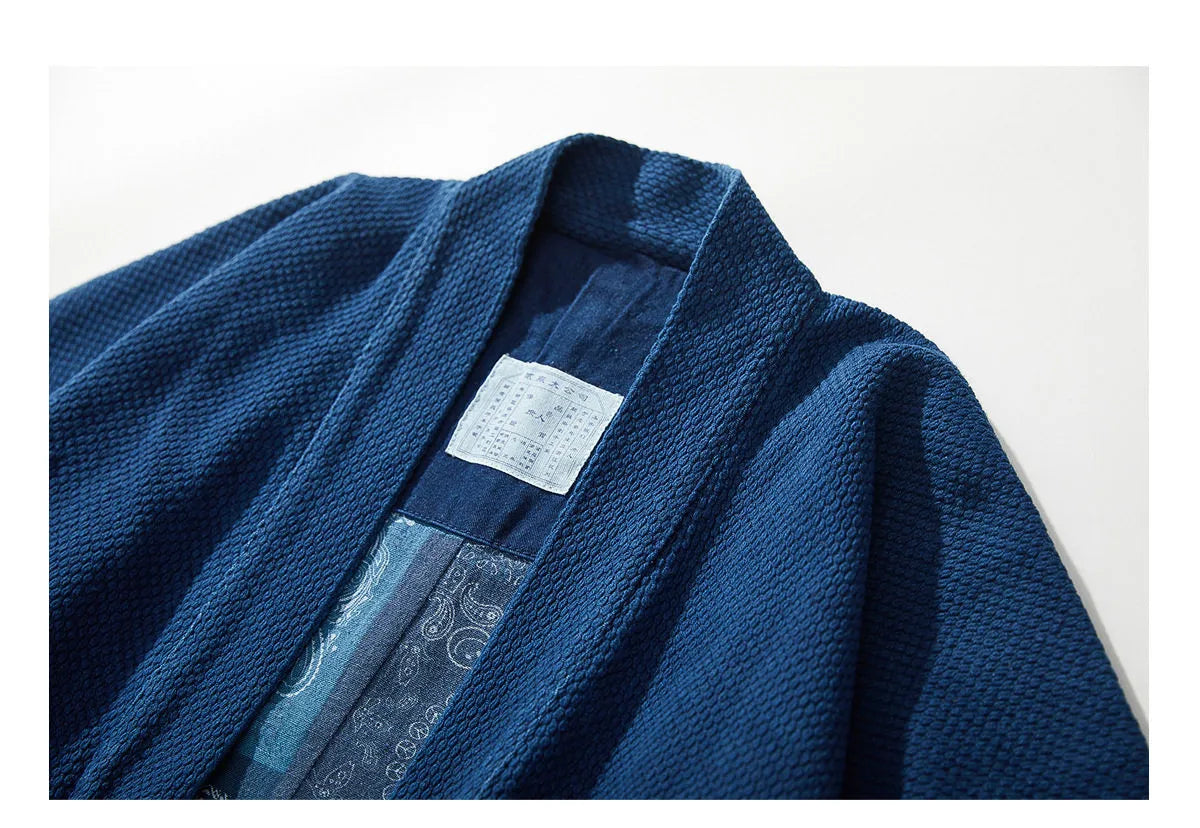 Indigo Blue Dyed Heavy Fabric Kimono Jacket – Japanese Retro Workwear Robe Coat – Japanese vintage | yamalin clothes | Yamalinclothes