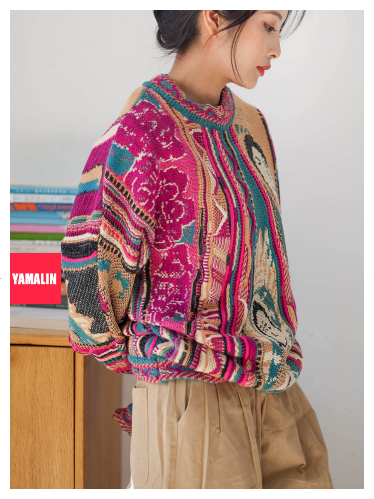 “Rose Portrait” Red Pullover Sweater – Japanese Retro Knit with Bold Floral Motif