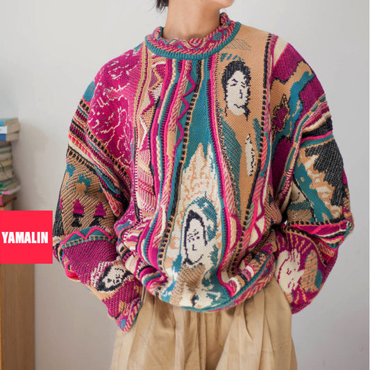 Rose Portrait Red Pullover Sweater - Japanese Retro Knit with Floral Motif