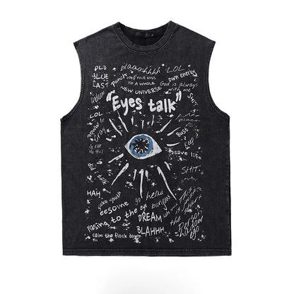 American Retro Graffiti Eye Print Sleeveless Vest - Loose Washed Casual Tank Top for Men
