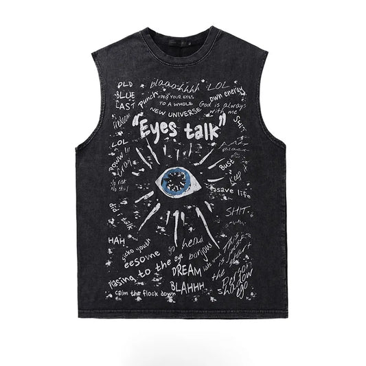 American Retro Graffiti Eye Print Sleeveless Vest - Loose Washed Casual Tank Top for Men