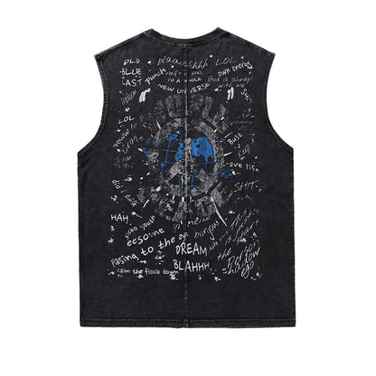 American Retro Graffiti Eye Print Sleeveless Vest - Loose Washed Casual Tank Top for Men