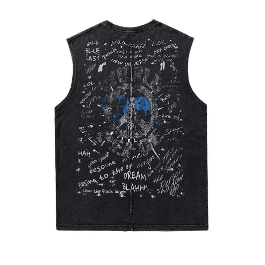 American Retro Graffiti Eye Print Sleeveless Vest - Loose Washed Casual Tank Top for Men