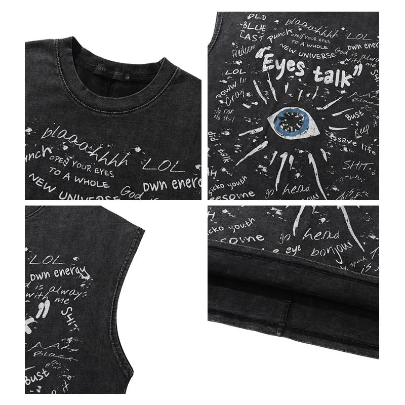 American Retro Graffiti Eye Print Sleeveless Vest - Loose Washed Casual Tank Top for Men