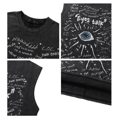 American Retro Graffiti Eye Print Sleeveless Vest - Loose Washed Casual Tank Top for Men