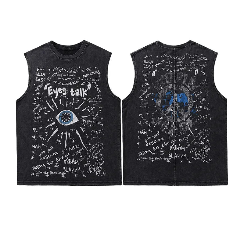 American Retro Graffiti Eye Print Sleeveless Vest - Loose Washed Casual Tank Top for Men