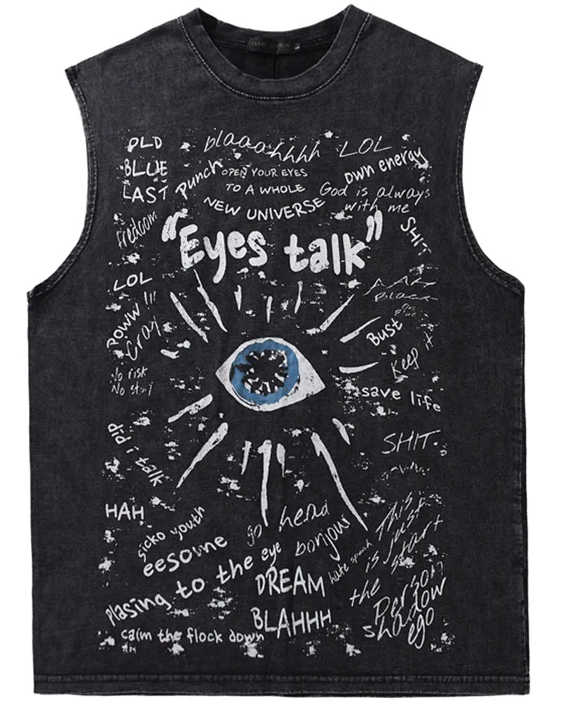 American Retro Graffiti Eye Print Sleeveless Vest - Loose Washed Casual Tank Top for Men