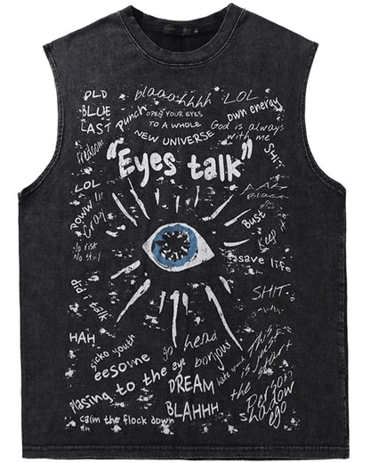 American Retro Graffiti Eye Print Sleeveless Vest - Loose Washed Casual Tank Top for Men