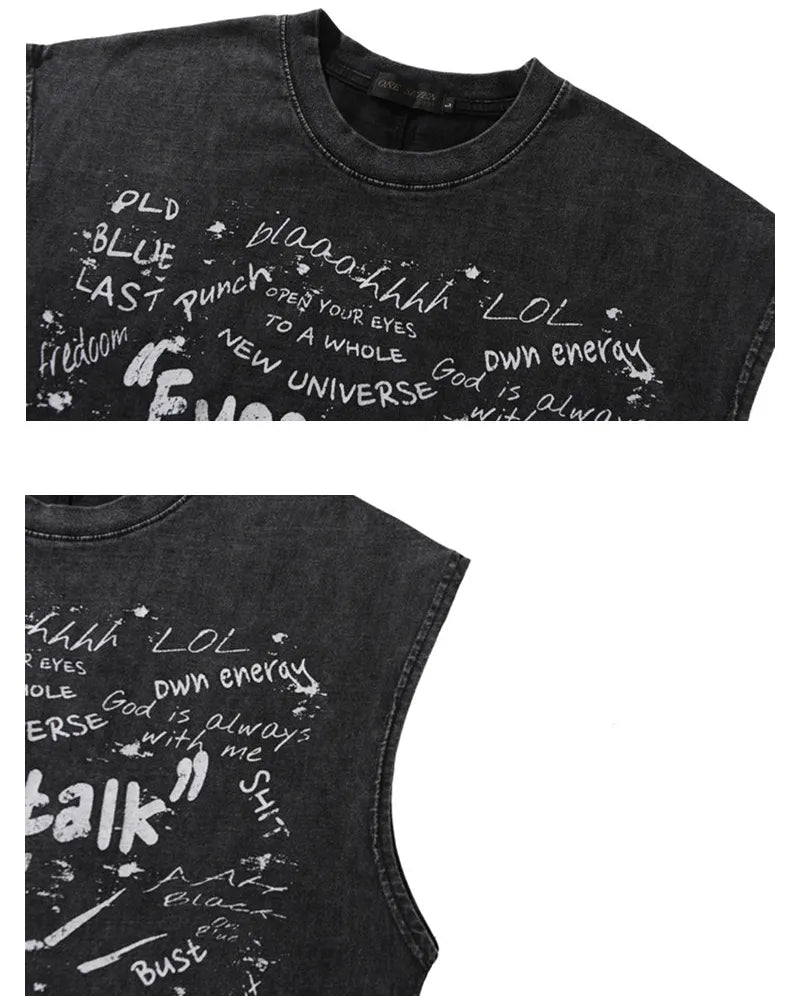 American Retro Graffiti Eye Print Sleeveless Vest - Loose Washed Casual Tank Top for Men