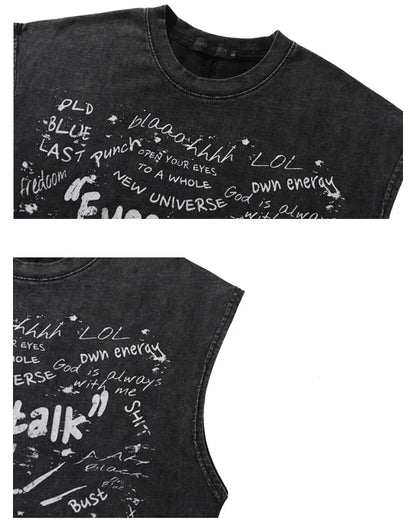 American Retro Graffiti Eye Print Sleeveless Vest - Loose Washed Casual Tank Top for Men