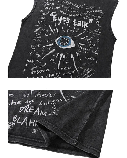 American Retro Graffiti Eye Print Sleeveless Vest - Loose Washed Casual Tank Top for Men