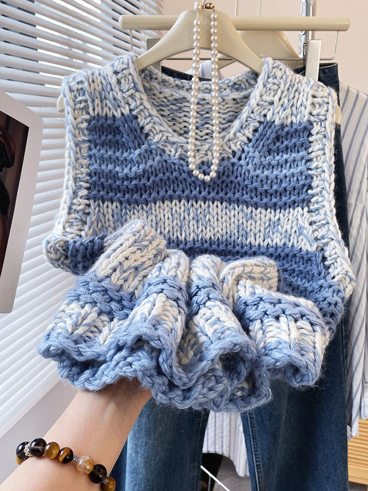 Blue Striped Chunky Knit Vest – Vintage Loose Preppy Sweater Top