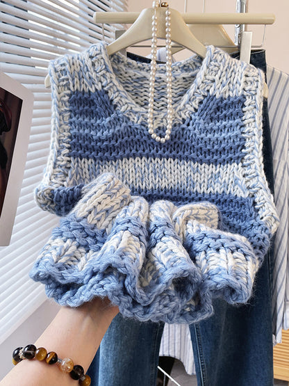 Blue Striped Chunky Knit Vest – Vintage Loose Preppy Sweater Top