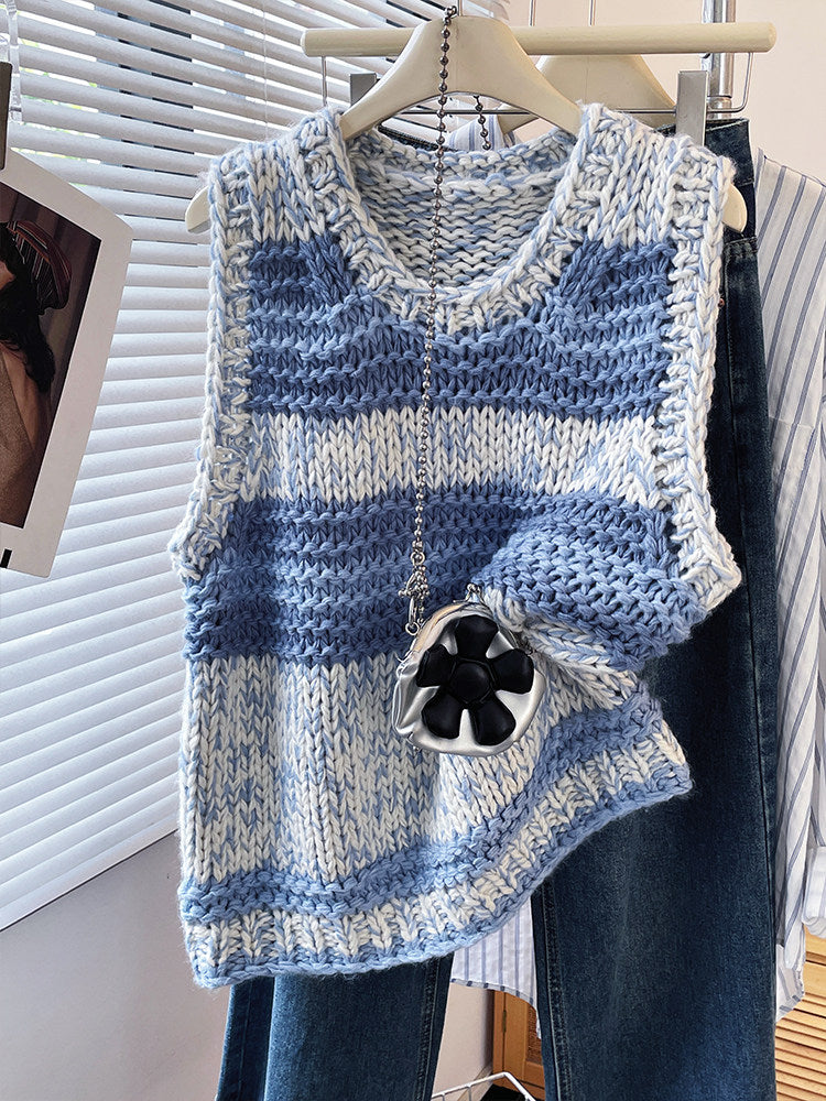 Blue Striped Chunky Knit Vest – Vintage Loose Preppy Sweater Top