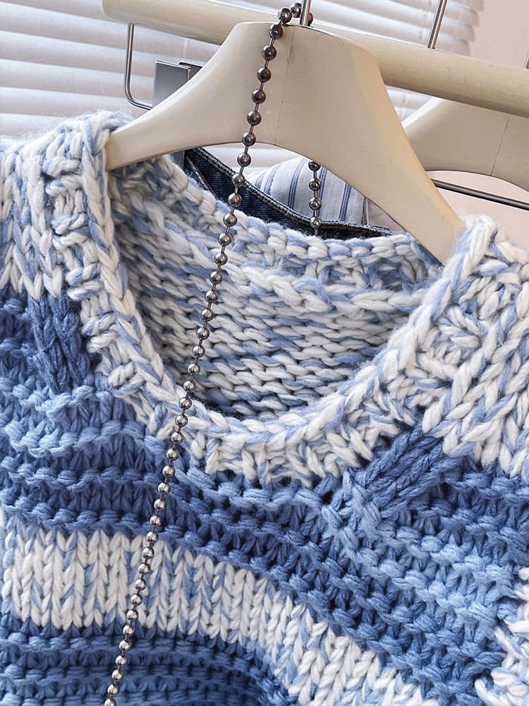 Blue Striped Chunky Knit Vest – Vintage Loose Preppy Sweater Top