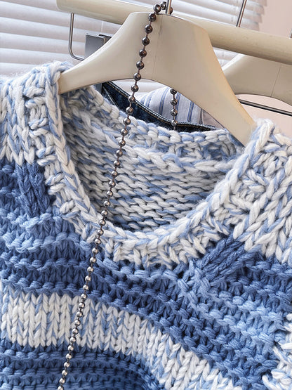 Blue Striped Chunky Knit Vest – Vintage Loose Preppy Sweater Top