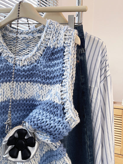 Blue Striped Chunky Knit Vest – Vintage Loose Preppy Sweater Top